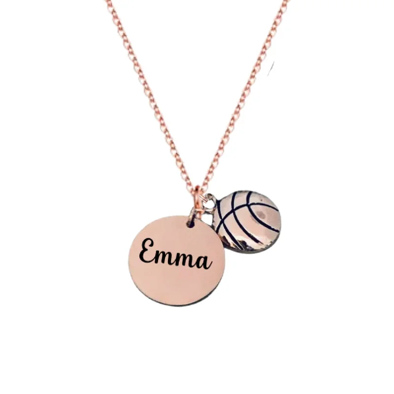 Classic Chain Necklace-Long Silver Earrings-Rose Gold Engraved Basketball Necklace