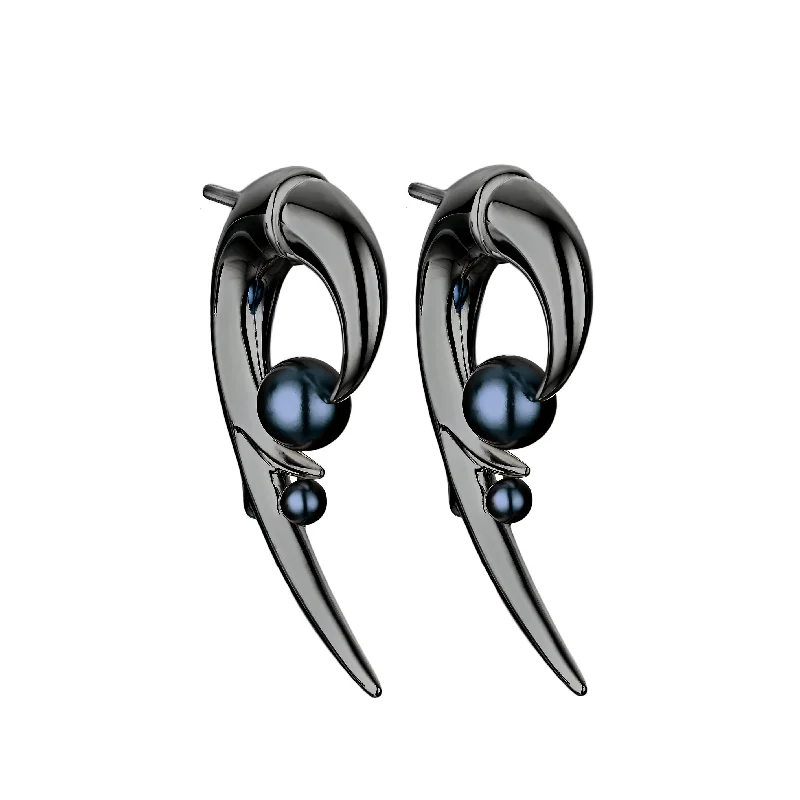 Women’s Fashion Earrings-Women’s Fashion Earrings-Hooked Pearl Earrings - Black Rhodium & Black Pearl