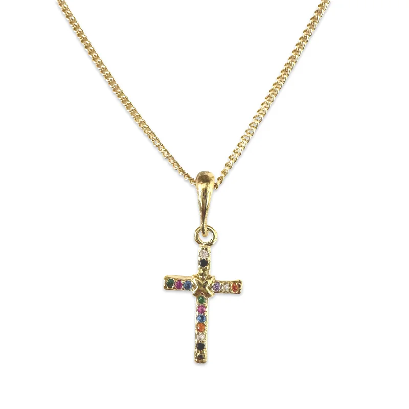 Dainty Silver Necklace-Silver Crystal Stud Earrings-Gold Filled Rainbow Cross Necklace