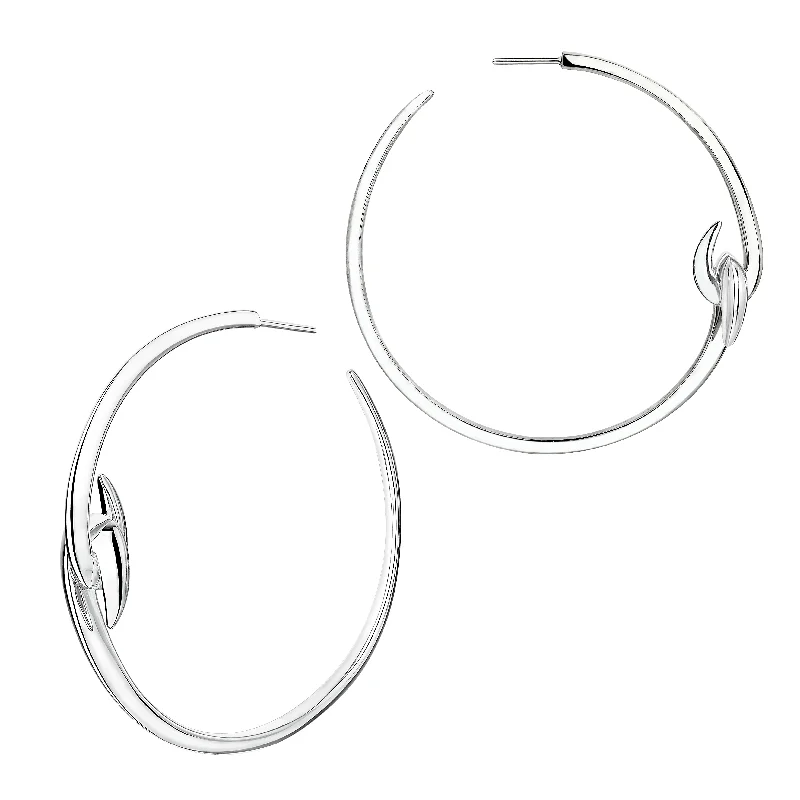 Long Silver Earrings-Long Silver Earrings-Hook Large Hoop Earrings - Silver