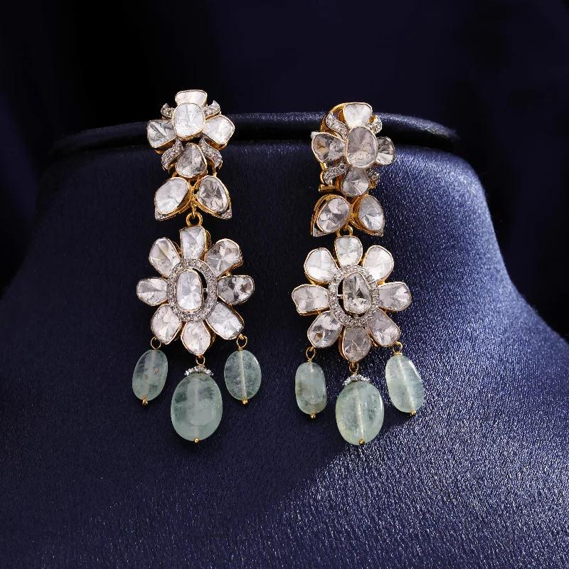 Diamond Dangle Earrings-Diamond Dangle Earrings-Zeena Polki And Diamond Long Earrings