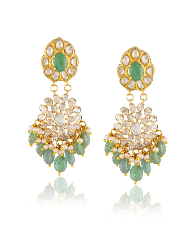 Green Gem Earrings-Green Gem Earrings-Orabella Polki Long Earrings