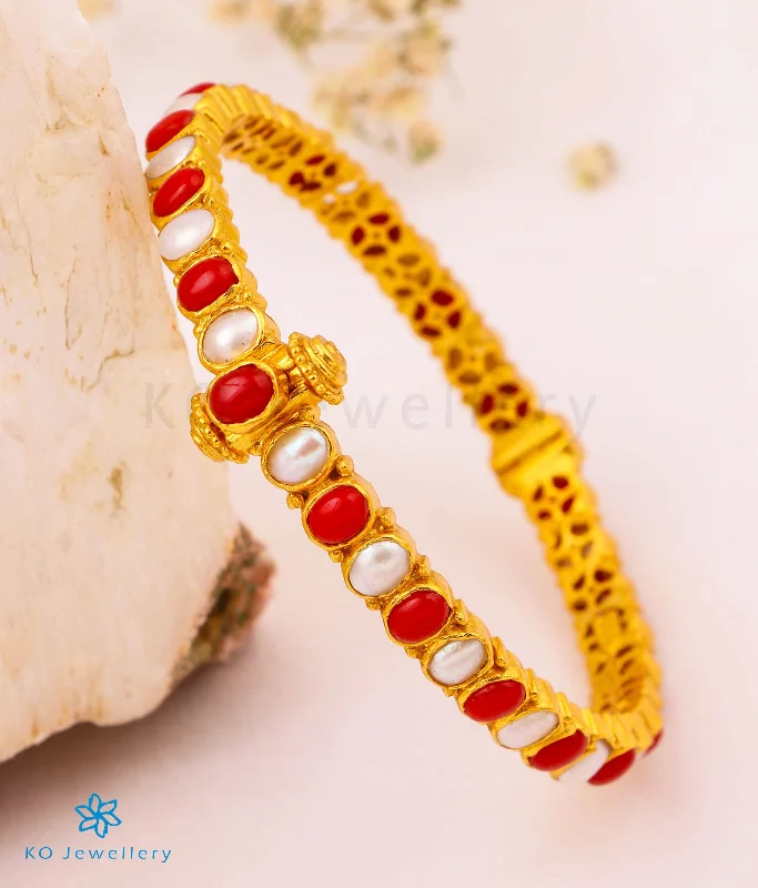 Wedding Bracelet for Bride-Rose Gold Hoop Earrings-The Kripa Silver Bracelet (Pearl/Coral/Size 2.2/2.6/2.8)