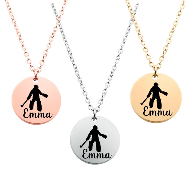 Silver Chain with Gemstones-Round Shape Earrings-Engraved Field Hockey Goalie Necklace