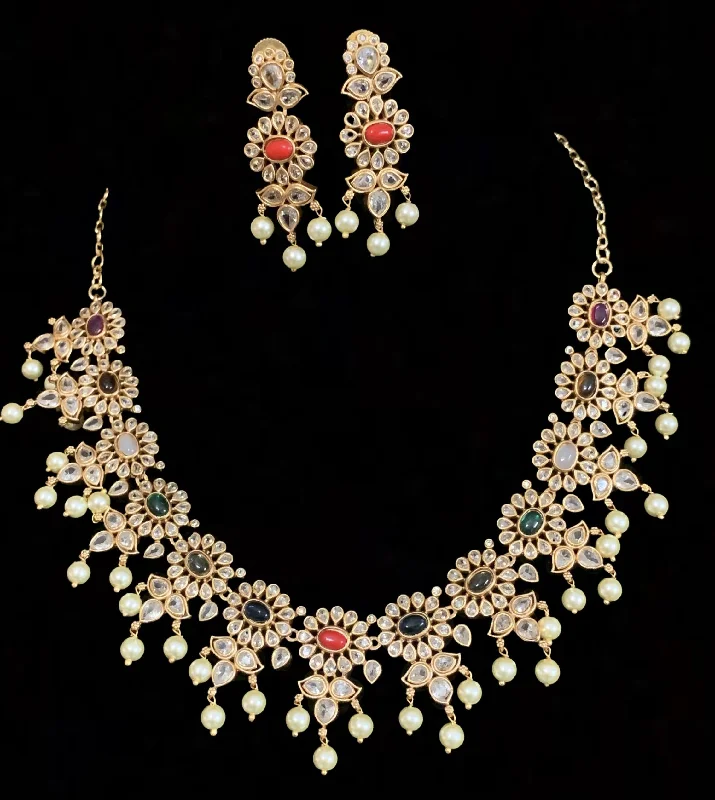 Classic Diamond Necklace-Long Dangle Earrings-NS340 Navratan polki necklace ( READY TO SHIP )