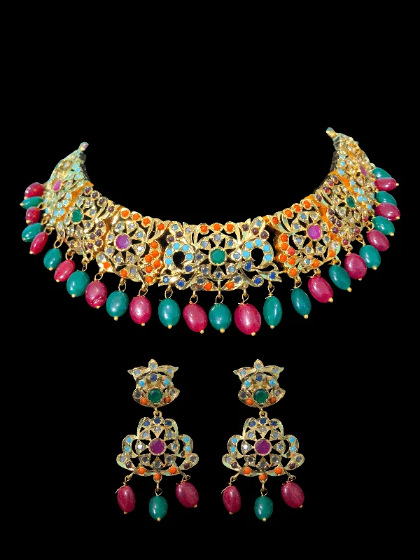 Multi-Colored Bead Necklace-Multi-Layer Earrings-NS338 Heena necklace set in Navratan   ( READY TO SHIP)