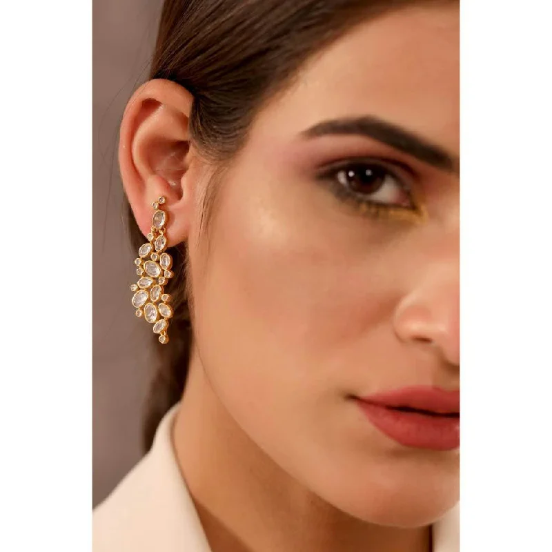 Gold Stud Earrings-Gold Stud Earrings-Zurooh 18K Gold Plated Asymmetrically Balanced Fusion Polki Danglers