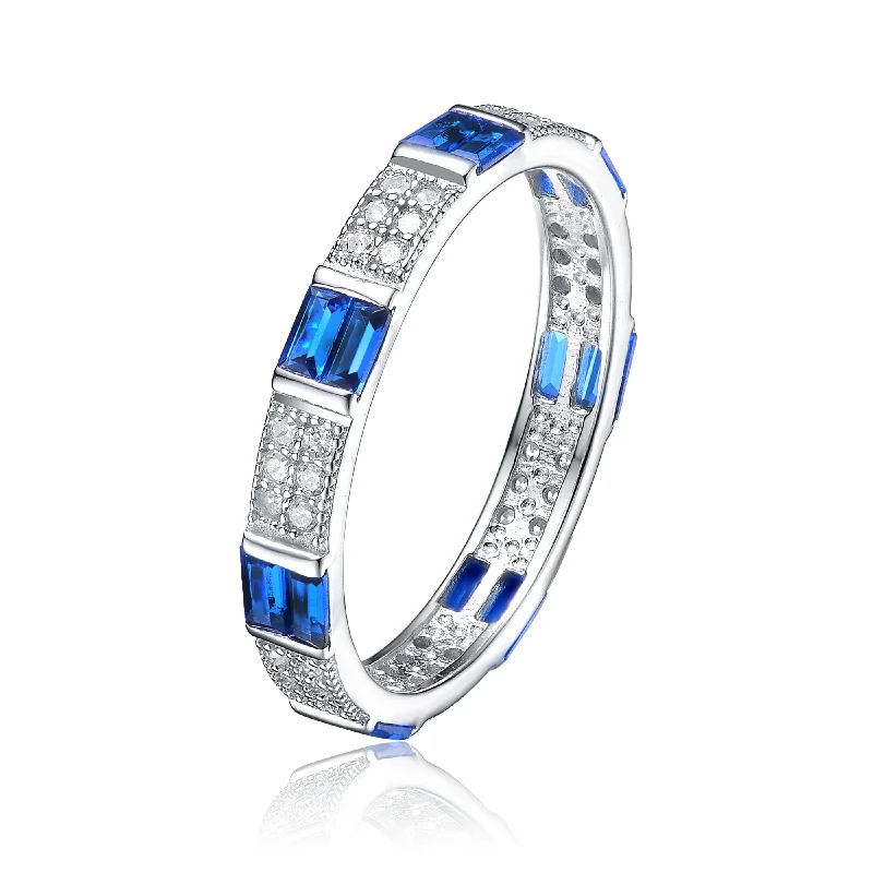 Sterling Silver Ring for Women-Chunky Earrings-Sterling Silver White Gold Plated with Sapphire Baguette & Round Cubic Zirconia Eternity Wedding Band Stacking Ring