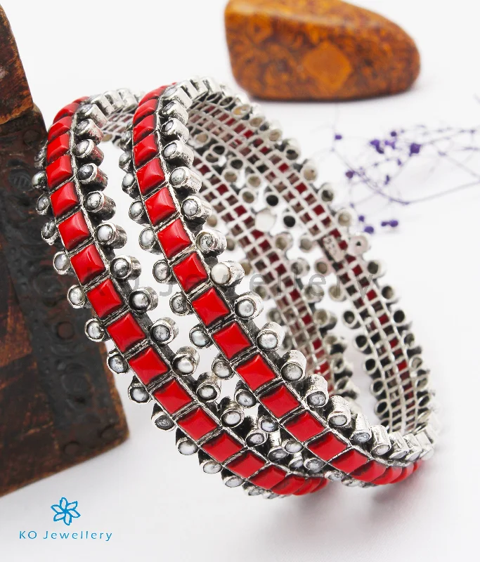 Unique Gemstone Charm Bracelet-Long Crystal Earrings-The Rajanya Silver Bangle (Oxidised/Coral/Size 2.2/2.4/2.6/2.8)