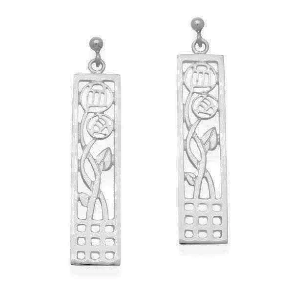 Luxurious Drop Earrings-Luxurious Drop Earrings-Rennie Mackintosh Rectangular Rose Spiral Drop Earrings in Silver