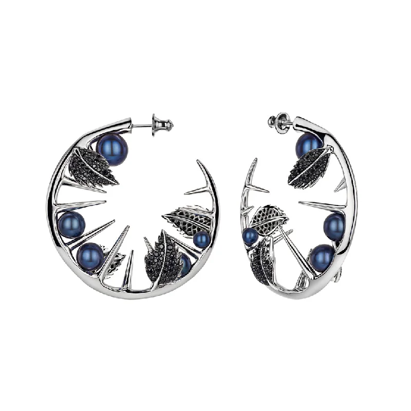 Ethnic Style Earrings-Ethnic Style Earrings-Blackthorn Leaf Hoop Earrings - Silver, Black Spinel & Black Pearl