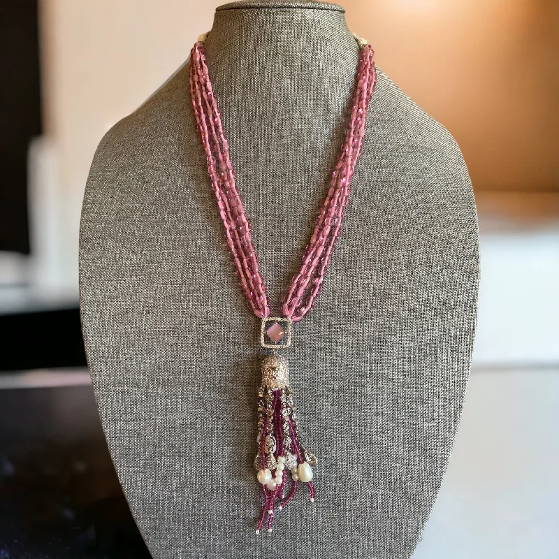 Beaded Necklace with Charms-Luxury Gold Drop Earrings-Silver plated cz necklace  in pink  beads ( READY TO SHIP )