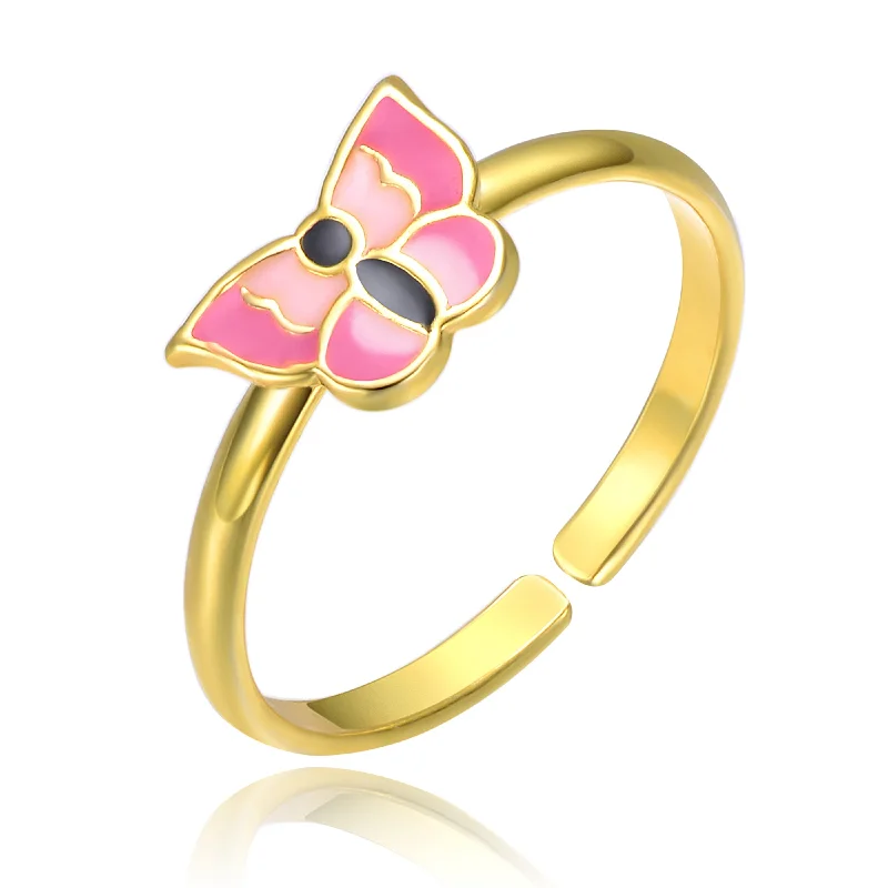 Promise Ring for Couple-Swaying Earrings-Children's 14k Gold Plated Enamel Butterfly Adjustable Ring