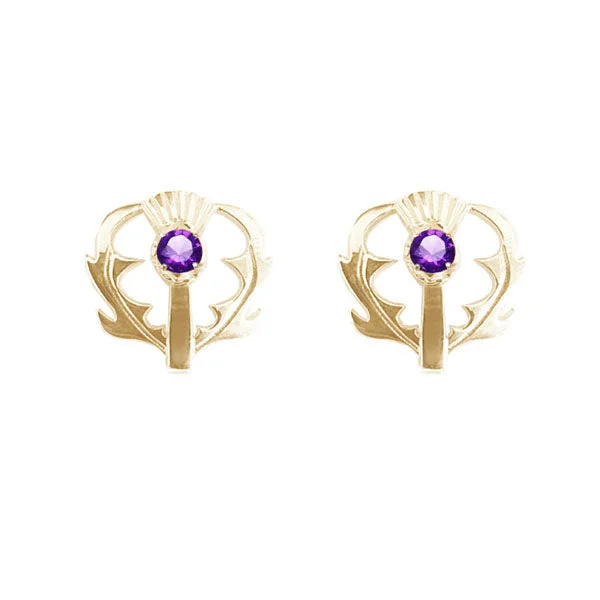 Wedding Stud Earrings-Wedding Stud Earrings-SCOTTISH THISTLE STUD EARRINGS WITH AMETHYST IN YELLOW GOLD