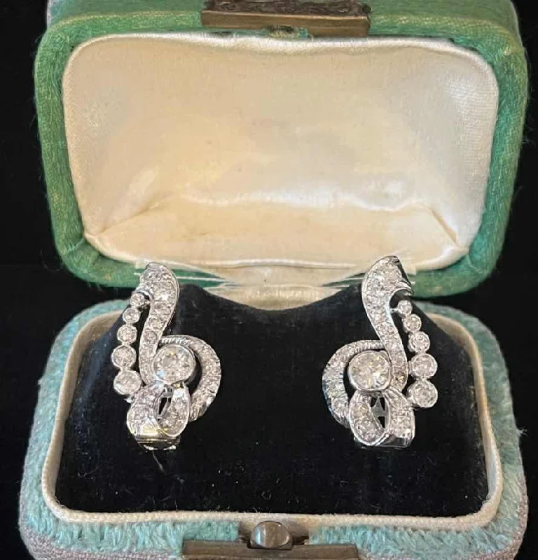 Artistic Earrings-Artistic Earrings-1930s Platinum 3.61ct Diamond Cluster Earrings