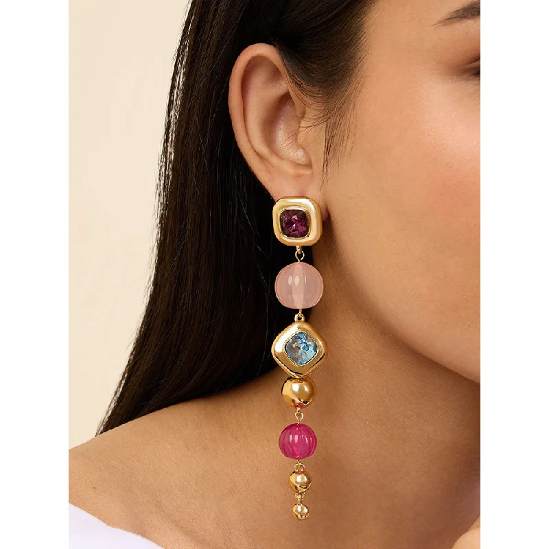 Trendy Earrings for Young Women-Trendy Earrings for Young Women-Isharya Long Pink & Aqua Danglers in 18Kt Gold Plated Earrings