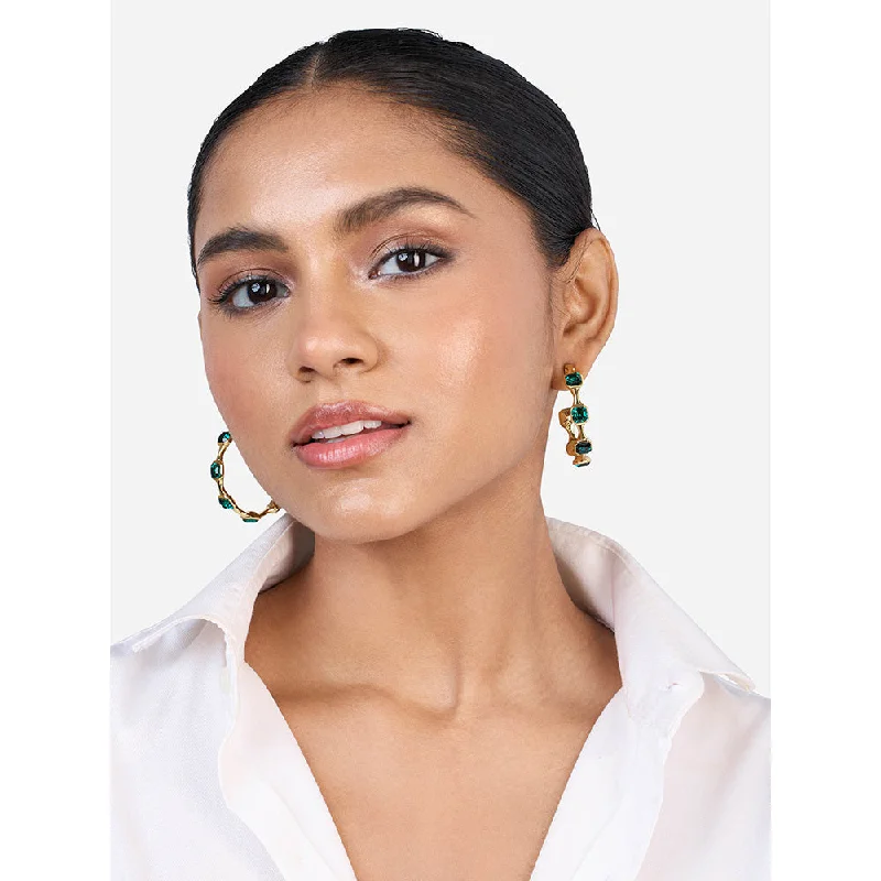 Gold Stud Earrings-Gold Stud Earrings-Isharya Jungle Green Crystal Hoop Earrings In 18KT Gold and Signature Colored Plating