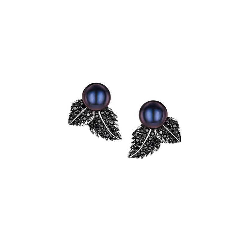 Fashion Statement Earrings-Fashion Statement Earrings-Blackthorn Stud Earrings - Silver, Black Spinel & Black Pearl