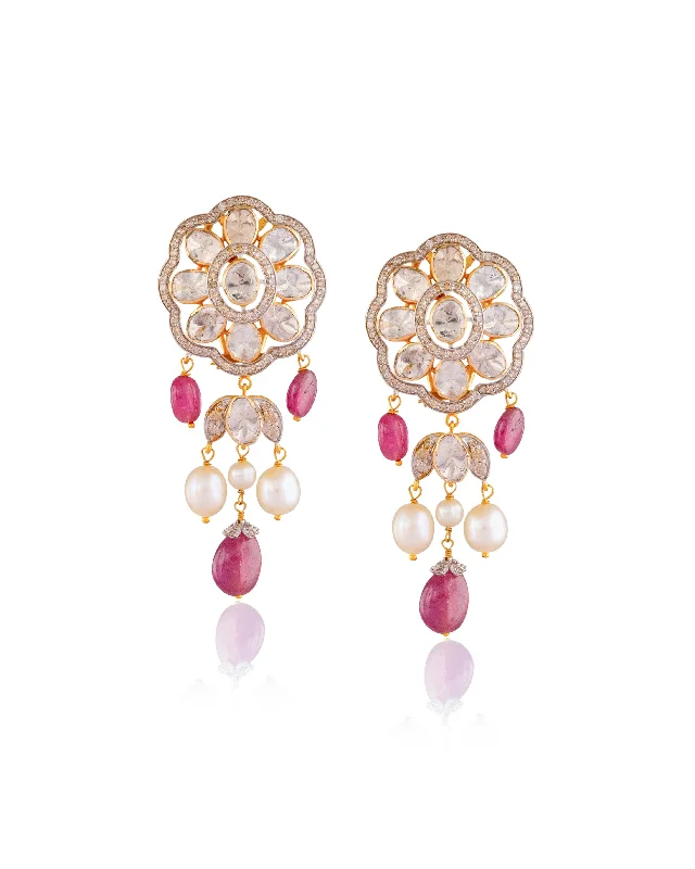 Bridesmaid Earrings-Bridesmaid Earrings-Praveen Polki And Diamond Long Earrings