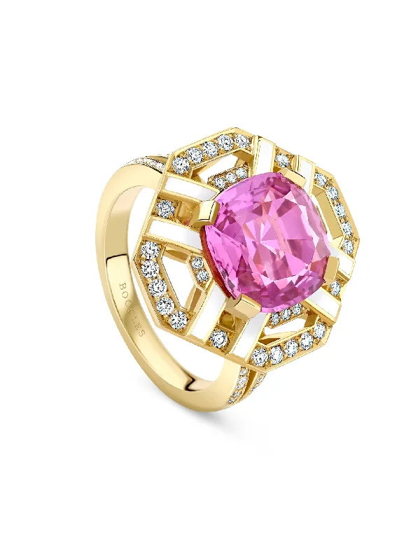 Men’s Gold Wedding Band-Fashion Statement Earrings-Fifth Avenue Pink Sapphire Yellow Gold Ring