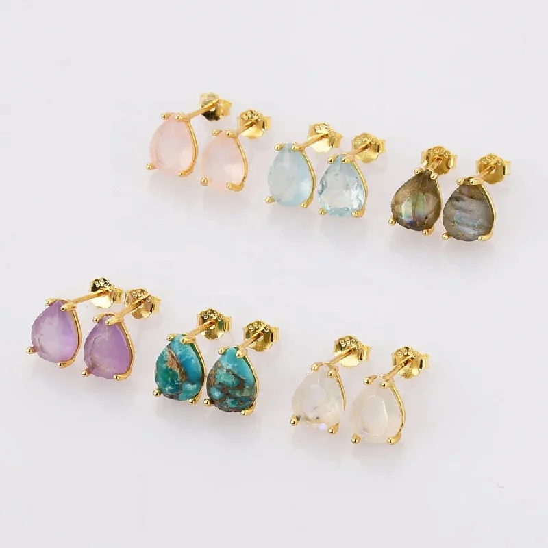 Gold Earrings with Gemstones-Gold Earrings with Gemstones-Mini Quartz teardrop studs