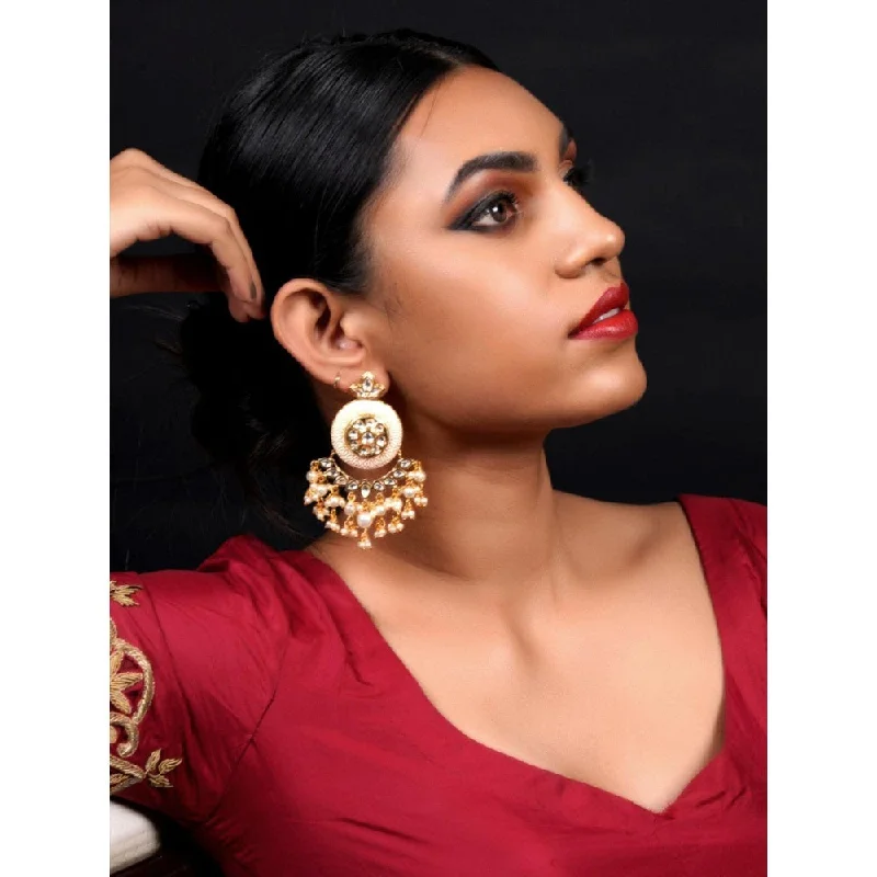 Chunky Earrings-Chunky Earrings-Odette Women Enameled Kundan-Pearl Chandbali Earrings!