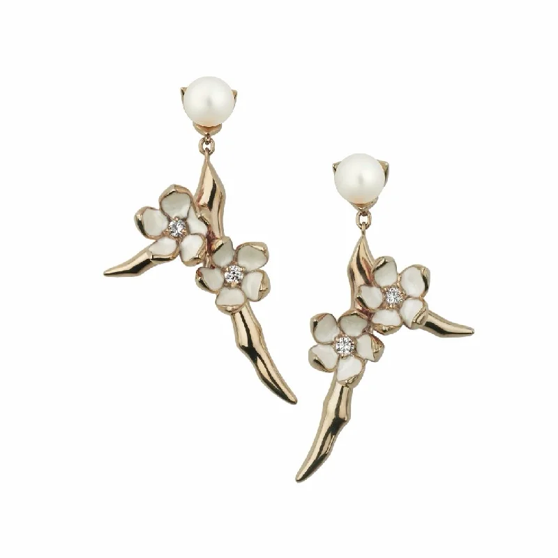 Modern Silver Earrings-Modern Silver Earrings-Cherry Blossom Branch Drop Earrings - Rose Gold Vermeil, Diamond & Pearl