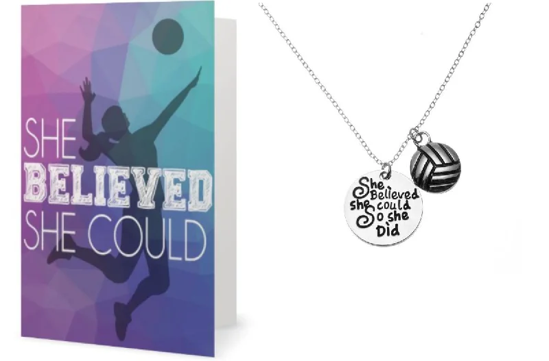 Retro Gold Necklace-Retro Dangle Earrings-Volleyball Necklace & Card Gift Set