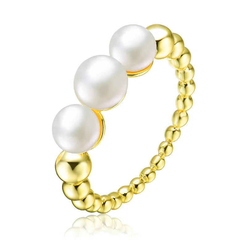 Classic Wedding Band-Silver Jewelry Earrings-Delphine Golden Spheres Three Pearl Ring