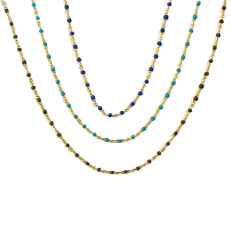 Blue Sapphire Necklace-Simple Pearl Earrings-Color Beaded Chain Choker