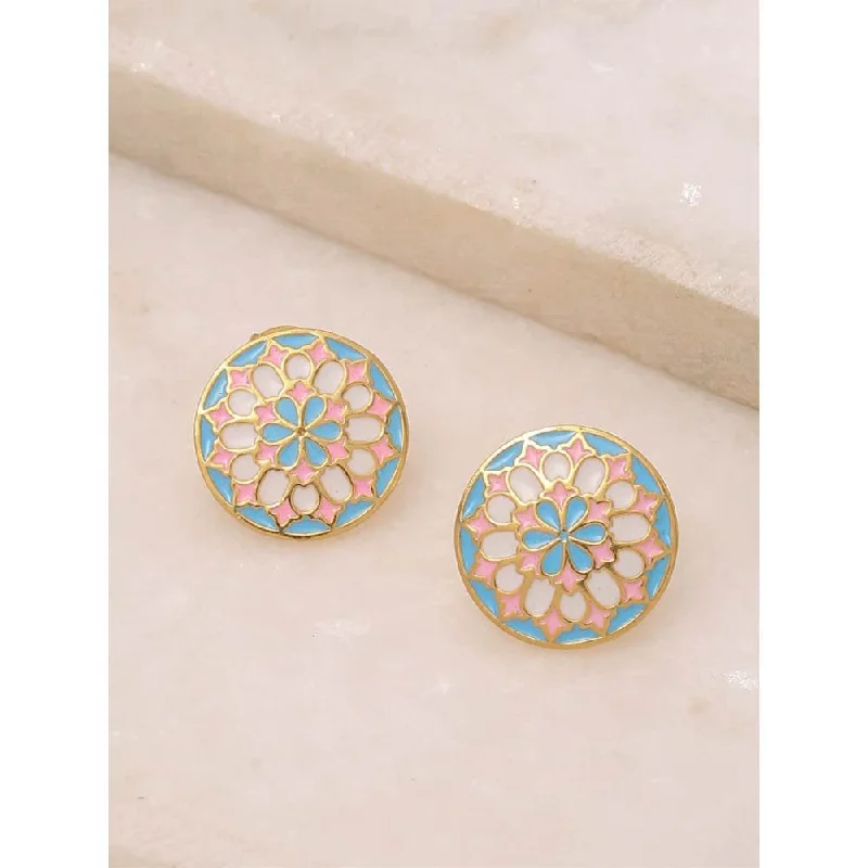 Classic Pearl Earrings-Classic Pearl Earrings-Zurooh Pastel Shade Floral Enamel Studs In 18K Gold Plating