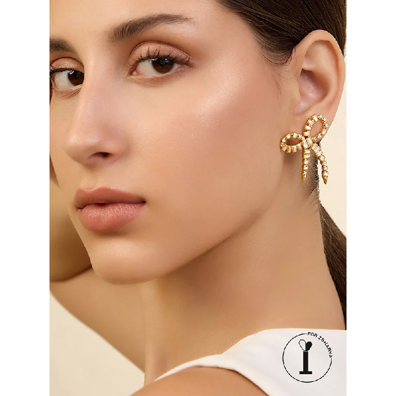 Twisted Hoop Earrings-Twisted Hoop Earrings-Isharya Bow Spiked Drops In 18Kt Gold Plated