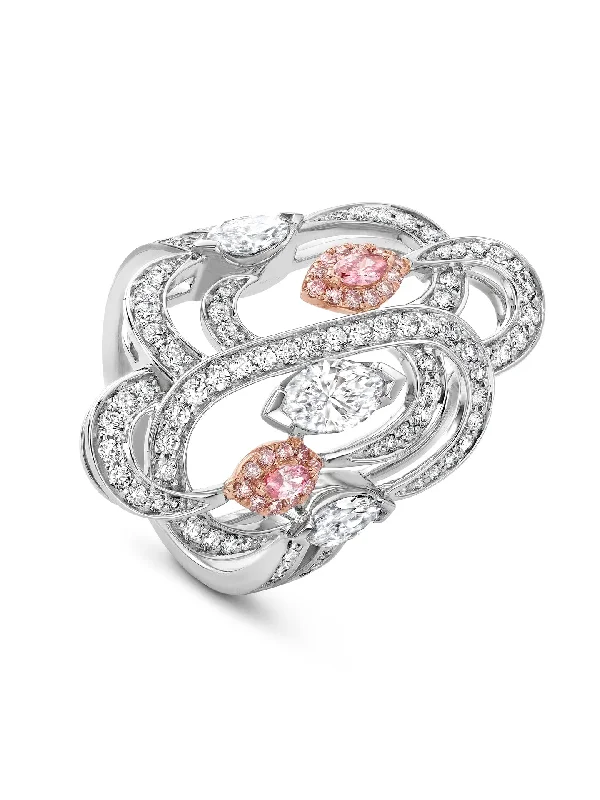 Gold Ring with Diamonds-Statement Earrings for Women-Secret Garden Platinum Marquise Pink and White Diamond Ring