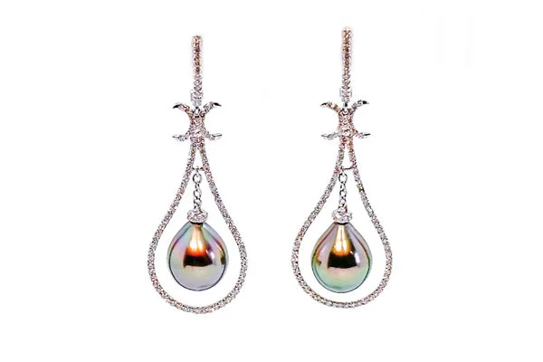 Gemstone Drop Earrings-Gemstone Drop Earrings-Tahitian Cultured Pearl & Diamond Pendulum Earrings