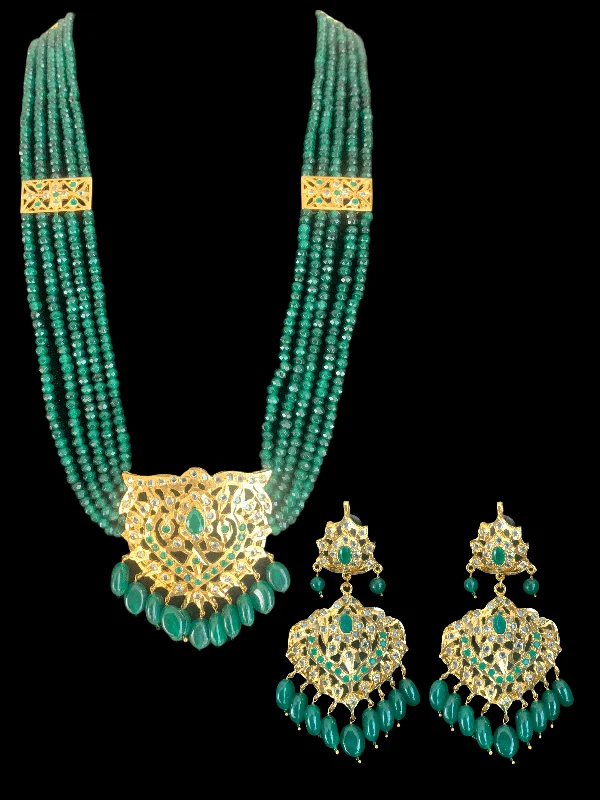 Handmade Gemstone Necklace-Stylish Drop Earrings-LN148 Lana Hyderabadi necklace set in emerald beads(SHIPS IN 3 WEEKS )