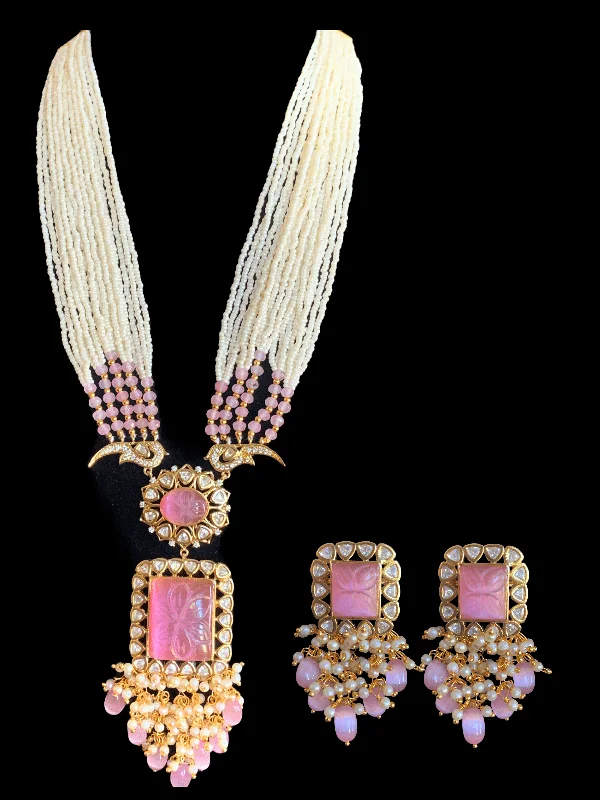 Designer Pearl Necklace-Pink Stone Earrings-LN93 Mithali high quality cz polki necklace  set -pink( READY  TO SHIP)