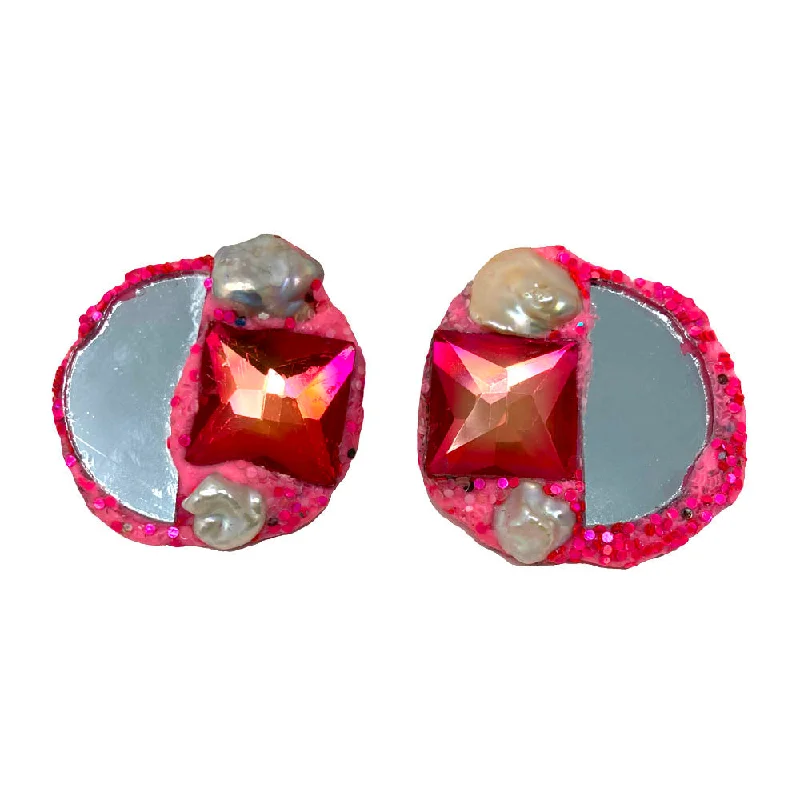 Oversized Earrings-Oversized Earrings-PINK AND PEARL CLIP-ON EARRINGS